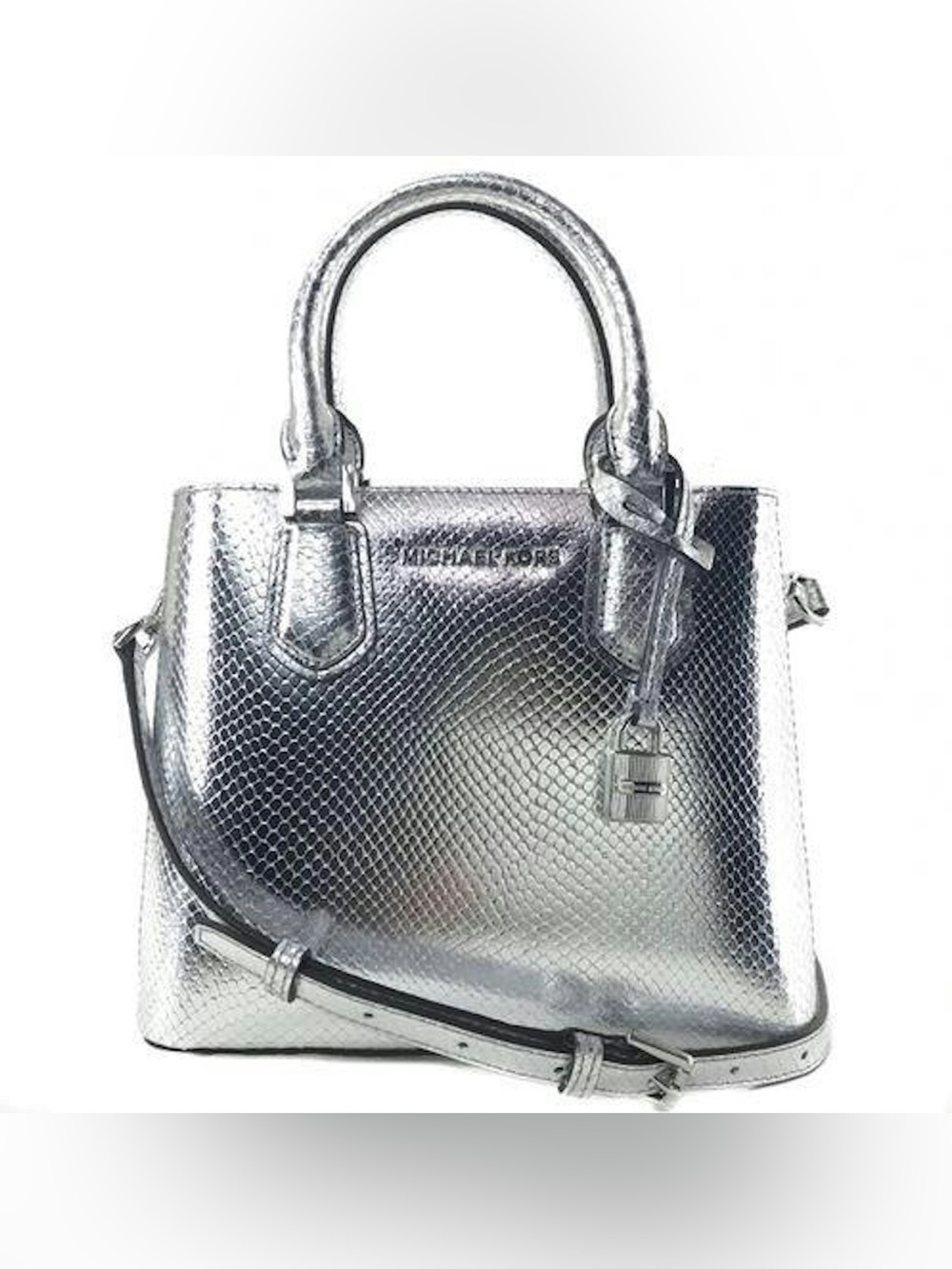 Michael Kors NWT Adele Metallic Silver Snake-Embossed Satchel crossbody small